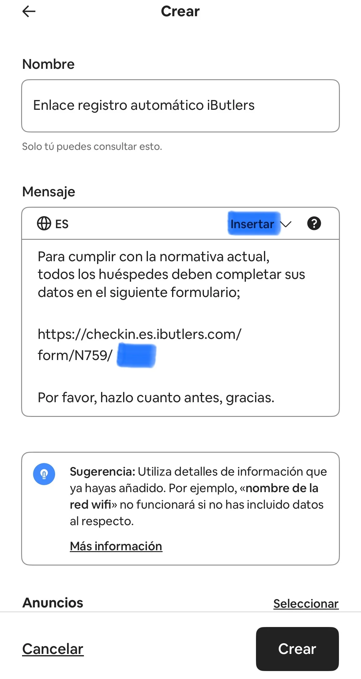 Airbnb quick reply editor with the text and registration link.