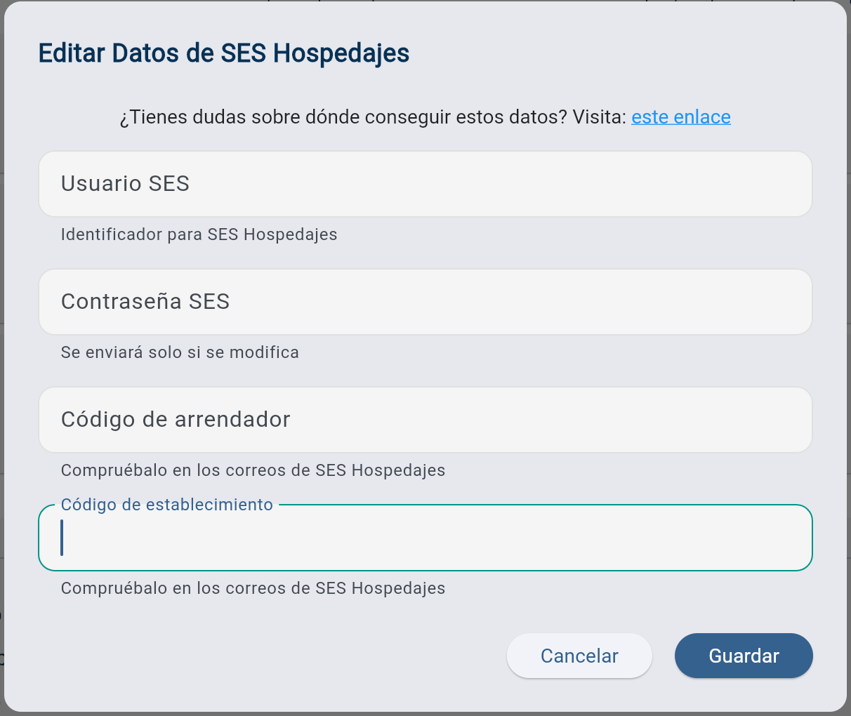 iButlers form for editing the SES Hospedajes username, password and codes.