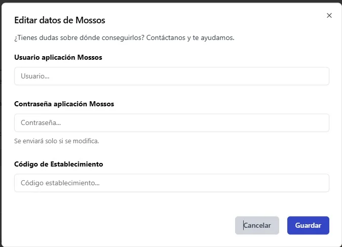iButlers form for editing the Mossos username, password and code.