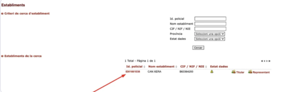 Listado de establecimientos en la plataforma de Mossos con Nom d'establiment e ID policial