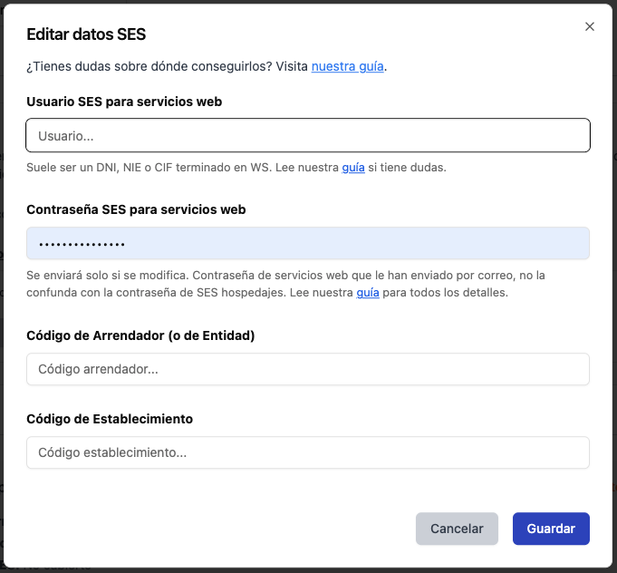 Pantalla donde se solicitan los datos de SES