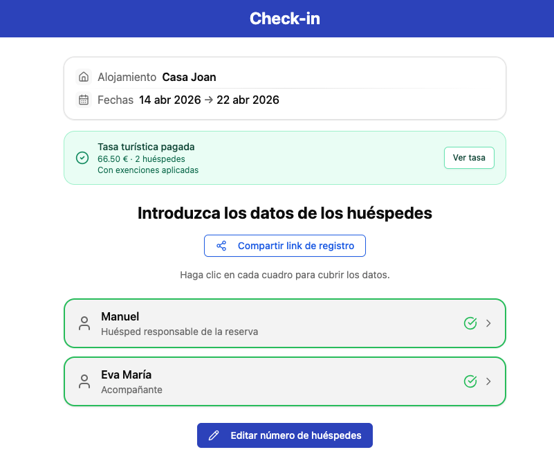 Paso 5 del proceso con formulario de tasas turísticas cubierto y pagado